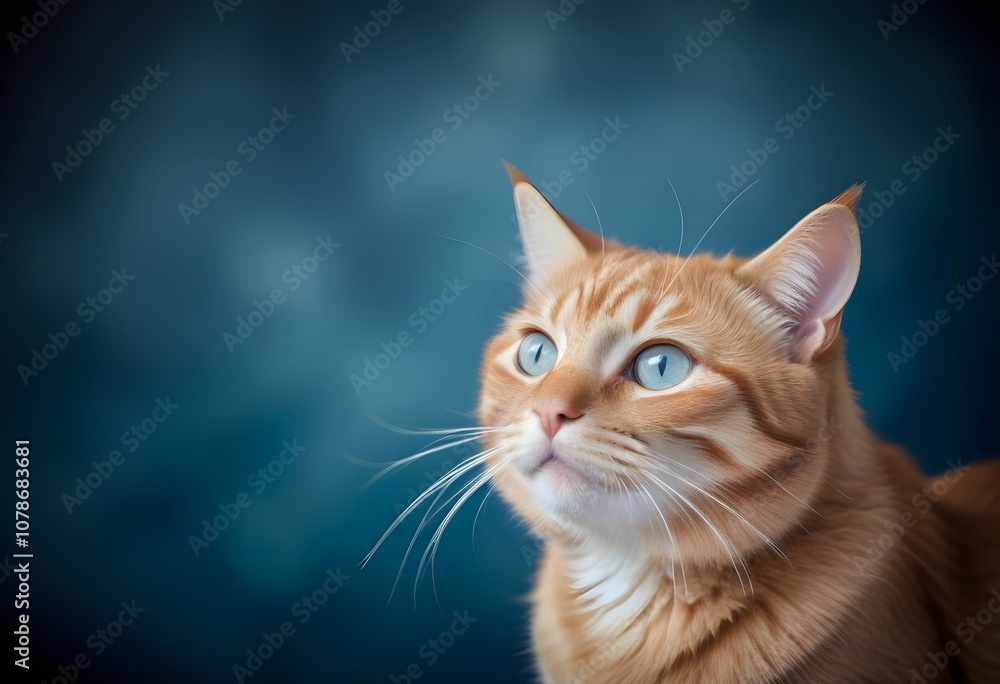 A cat with large, alert eyes and whiskers against a blurred blue background A cat with large, alert eyes and whiskers against a blurred blue background