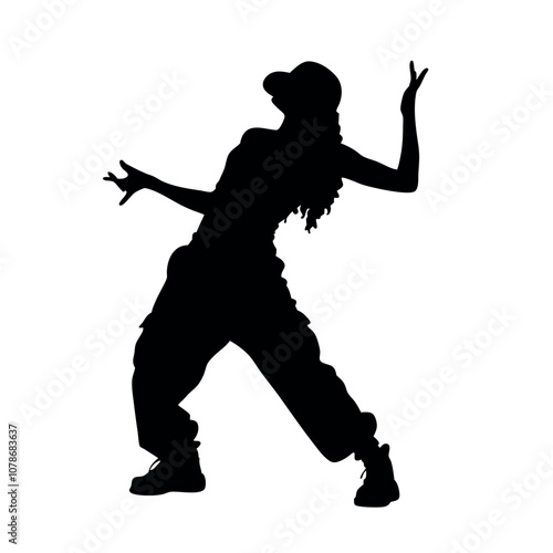 A woman is dancing in a black and white picture. She is wearing a hat and has her hands on her hips