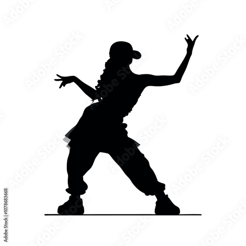 A woman is dancing in a black and white picture. She is wearing a hat and has her hands on her hips