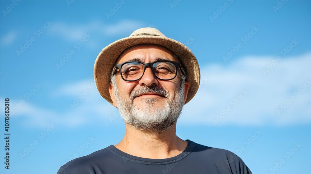 A man enjoying a sunny day outdoors, smiling warmly against a clear blue sky with fluffy clouds in the background near a coastal area A man enjoying a sunny day outdoors, smiling warmly against a clear blue sky with fluffy clouds in the background near a coastal area