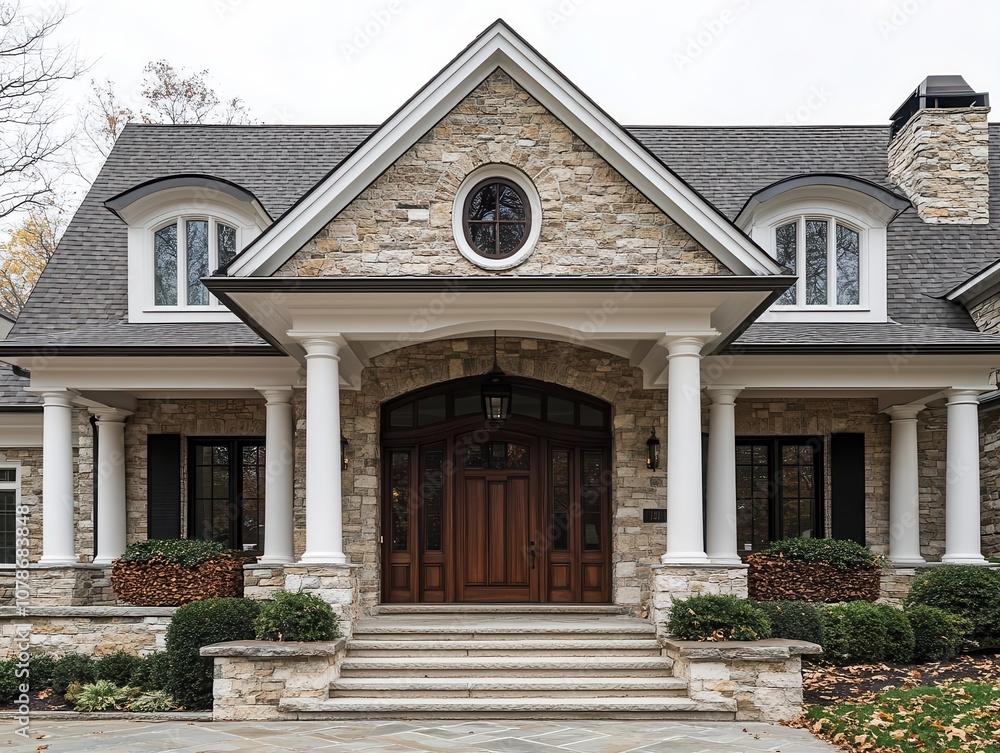 grand wooden front door with gabled porch and stone cladding; georgian-style home with white columns exuding classic elegance and timeless architectural charm grand wooden front door with gabled porch and stone cladding; georgian-style home with white columns exuding classic elegance and timeless architectural charm