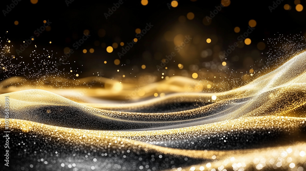 Fototapeta premium Abstract luxury background with golden glitter and bokeh lights dancing on a sleek black surface. A wave of golden dust creates a festive and glamorous atmosphere. Perfect for holiday events, product 