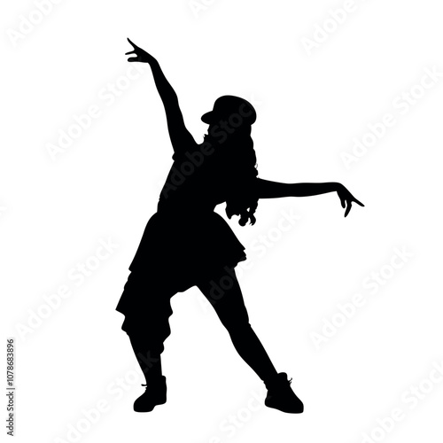 A woman is dancing in a black and white picture. She is wearing a hat and has her hands on her hips