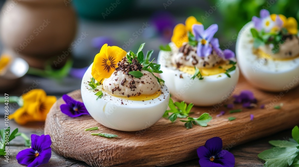 Gourmet deviled eggs with edible flowers and herbs for a refined appetizer presentation Gourmet deviled eggs with edible flowers and herbs for a refined appetizer presentation