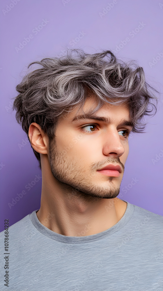 A young man with stylish silver wavy hair poses against a purple background, showcasing a contemporary hairstyle and a thoughtful expression in a modern setting A young man with stylish silver wavy hair poses against a purple background, showcasing a contemporary hairstyle and a thoughtful expression in a modern setting