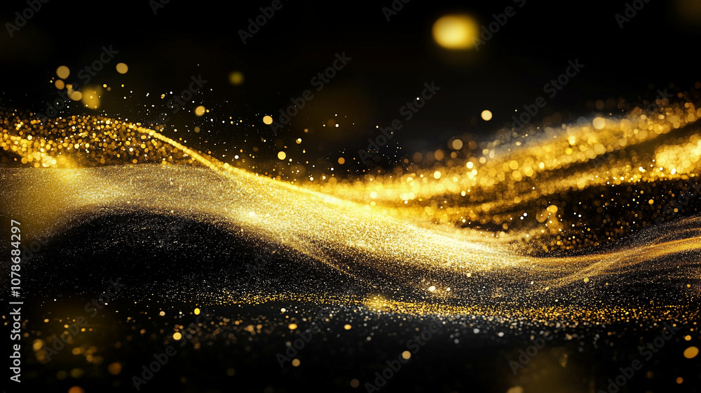 Obraz premium Abstract luxury background with golden glitter and bokeh lights dancing on a sleek black surface. A wave of golden dust creates a festive and glamorous atmosphere. Perfect for holiday events, product 