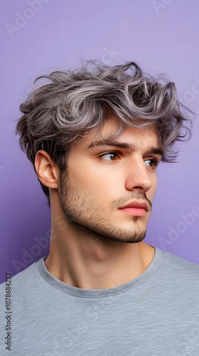 A young man with stylish silver wavy hair poses against a purple background, showcasing a contemporary hairstyle and a thoughtful expression in a modern setting