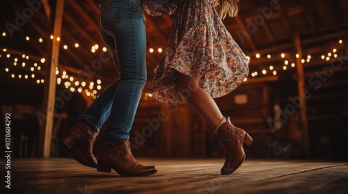 Couple dancing closely in a cozy barn with string lights at night