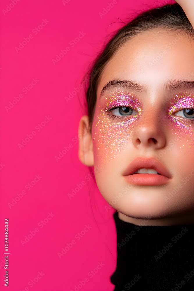 A young model poses with vibrant pink glitter makeup against a bright pink background, showcasing creativity and artistic expression in beauty and fashion photography A young model poses with vibrant pink glitter makeup against a bright pink background, showcasing creativity and artistic expression in beauty and fashion photography