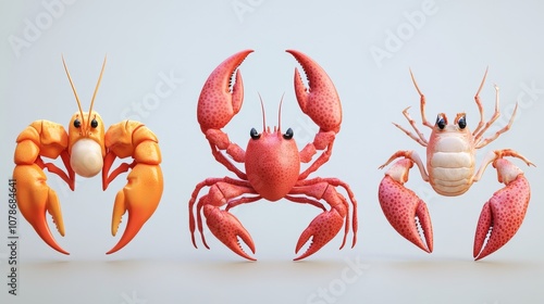 3D crab, lobster, and shrimp icons representing natural ingredients and seafood themes.  photo