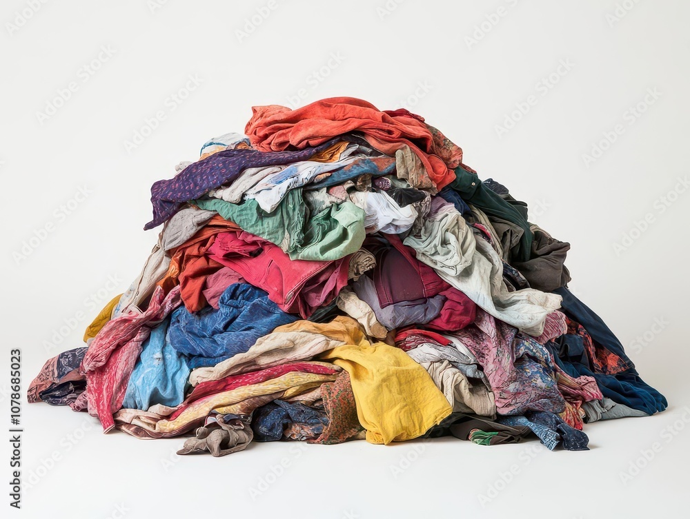 heap of dirty laundry in various colors and textures, piled haphazardly against a clean white background, conveying chaos and untidiness heap of dirty laundry in various colors and textures, piled haphazardly against a clean white background, conveying chaos and untidiness