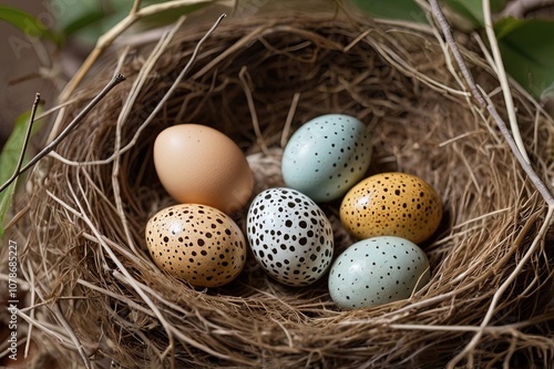 Spotted Eggs Nestled in a Birds Nest photo