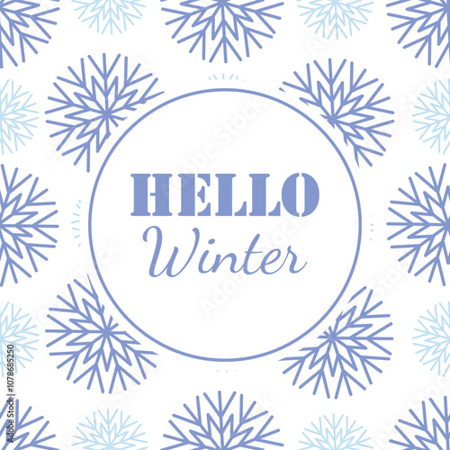 Hello winter. 1st December as a symbol of winter beginning. Hand drawn vector illustration in flat style. Blue snowflakes background. Vector web banner, greeting card, snowfall design, round frame