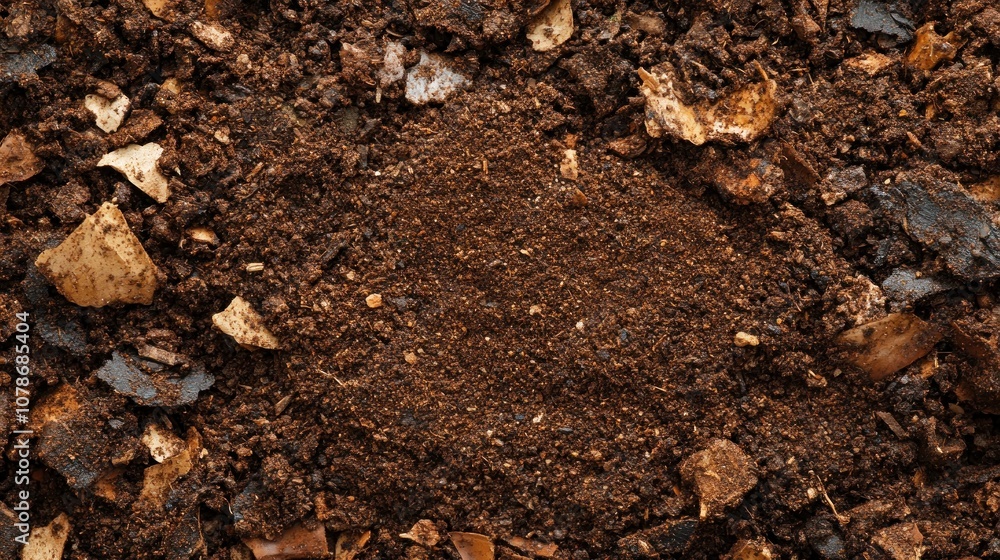 A close-up of dark soil with scattered leaves, indicating a natural environment. A close-up of dark soil with scattered leaves, indicating a natural environment.