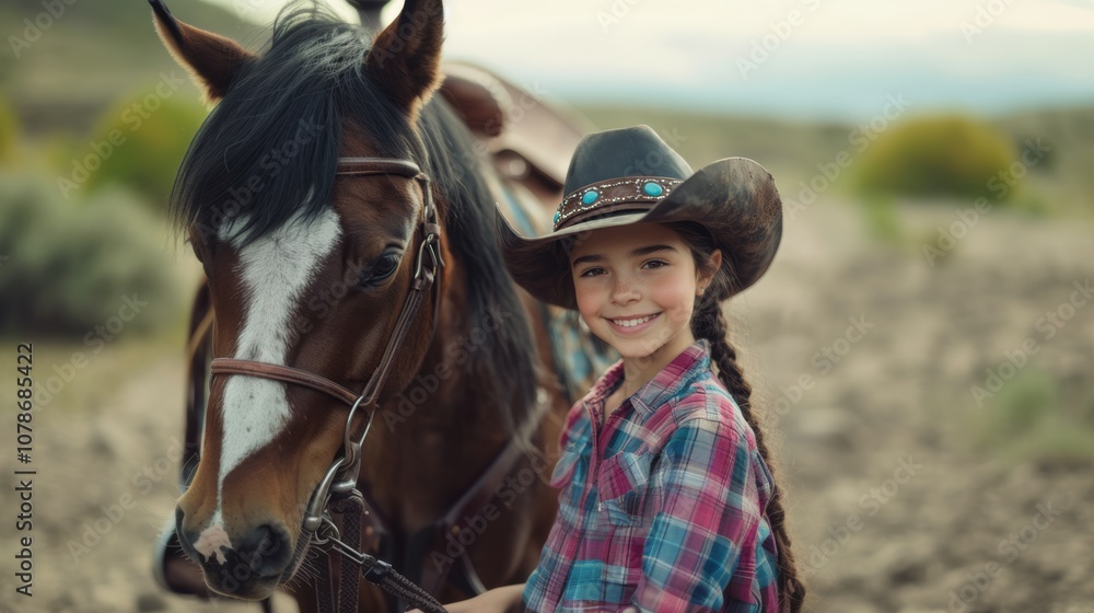 Obraz premium A young cowgirl smiles while standing beside her horse outdoors