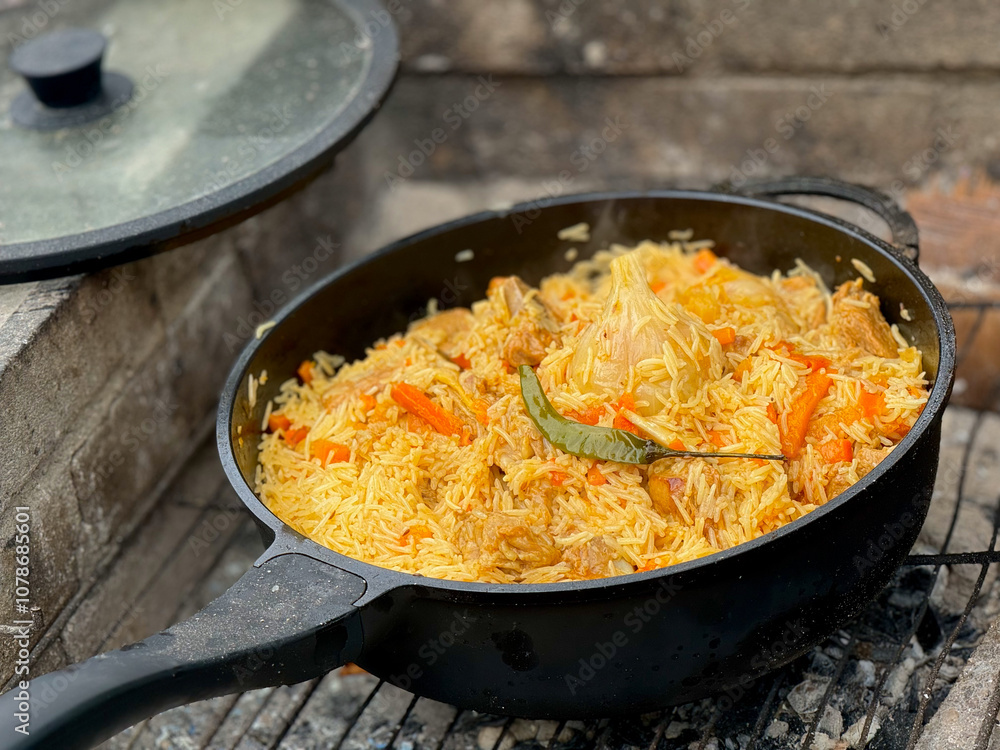 Traditional Pilaf Dish Cooking in Outdoor Pot Traditional Pilaf Dish Cooking in Outdoor Pot