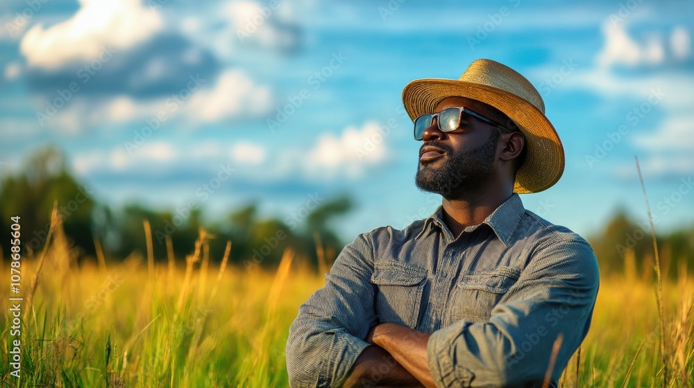 Man wearing a straw hat enjoys a sunny day in a golden field Man wearing a straw hat enjoys a sunny day in a golden field