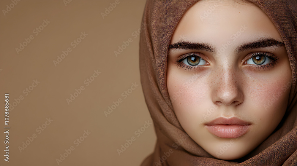 Portrait of a young woman with green eyes wearing a brown hijab, against a soft neutral background showcasing natural beauty and calm expression Portrait of a young woman with green eyes wearing a brown hijab, against a soft neutral background showcasing natural beauty and calm expression