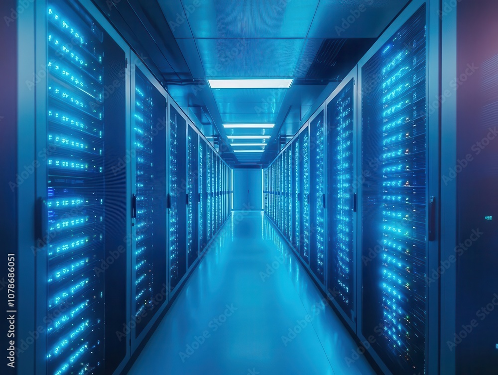 high-tech server room glowing with led lights, showcasing the advanced digital infrastructure. rows of network servers emit a cool blue glow high-tech server room glowing with led lights, showcasing the advanced digital infrastructure. rows of network servers emit a cool blue glow