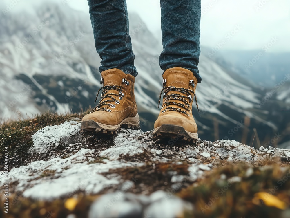 hiking shoes emphasized as a hiker stands on a mountain trail, rugged terrain, panoramic views, outdoor adventure, sense of exploration, nature, breathable gear, determination hiking shoes emphasized as a hiker stands on a mountain trail, rugged terrain, panoramic views, outdoor adventure, sense of exploration, nature, breathable gear, determination