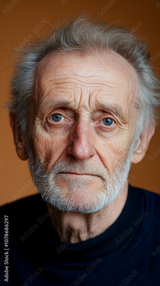 A senior man with striking blue eyes and white hair gazes calmly at the camera against a warm background, capturing a moment of deep reflection and wisdom A senior man with striking blue eyes and white hair gazes calmly at the camera against a warm background, capturing a moment of deep reflection and wisdom