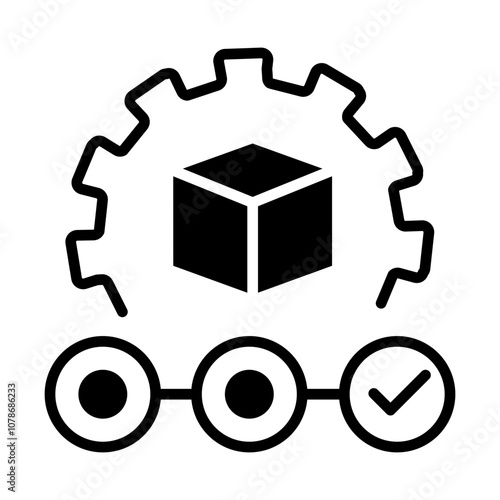 Production Build Icon – Gear with Cube, Representing Deployment, Final Product, and Release Preparation