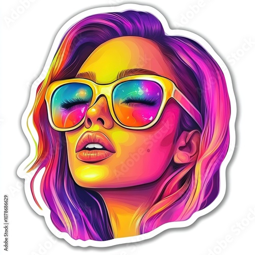 girl with sunglasses , Cool head sticker image with cool style realism bright colors realistic sketchfab style illustration minimalist logo detail illustration 4k full hd detail white edge protected s photo