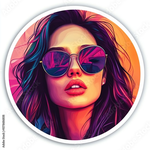 girl in sunglasses, Cool head sticker image with cool style realism bright colors realistic sketchfab style illustration minimalist logo detail illustration 4k full hd detail white edge protected shar photo