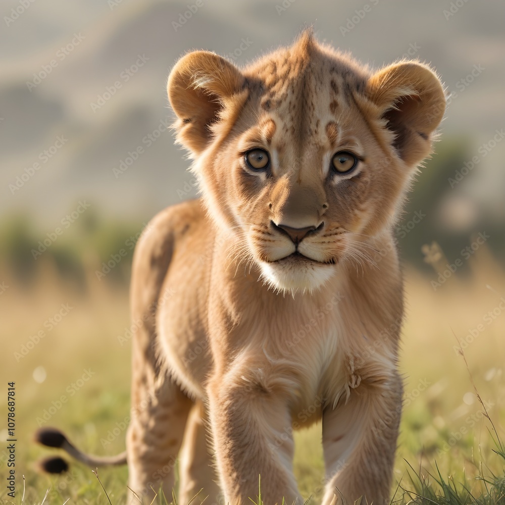 A young lion cub standing in a grassy field, with a blurred background A young lion cub standing in a grassy field, with a blurred background