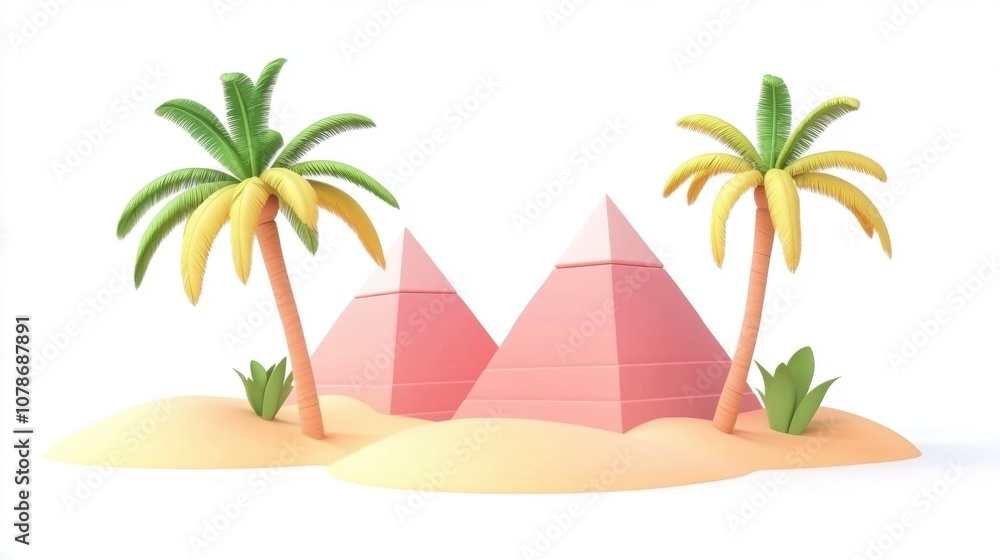 Pyramids with palm trees on sandy beach, white isolated background. Pyramids with palm trees on sandy beach, white isolated background.