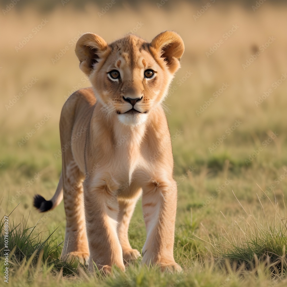 A young lion cub standing in a grassy field, with a blurred background A young lion cub standing in a grassy field, with a blurred background