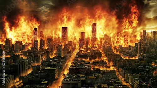A city is engulfed in flames, with tall buildings burning fiercely against a dark, stormy sky