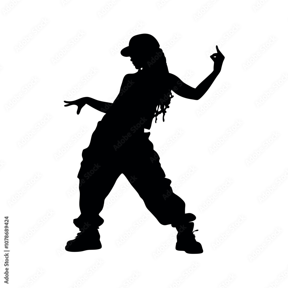 A woman is dancing and pointing to the right. She is wearing a hat and black pants. The image is black and white A woman is dancing and pointing to the right. She is wearing a hat and black pants. The image is black and white