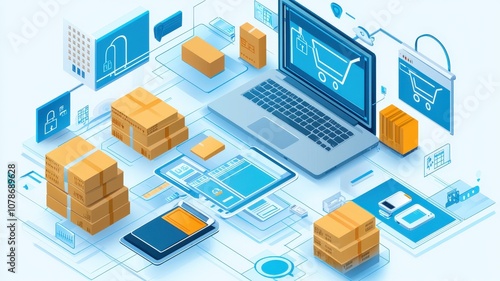 Inventory management order tracking concept. A digital illustration featuring a laptop surrounded by boxes, representing e-commerce, online shopping, and logistics.