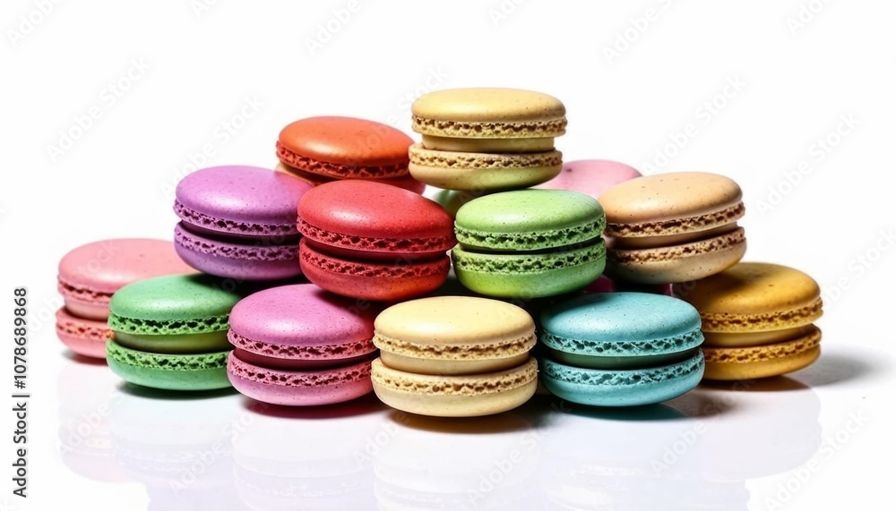 A variety of colorful macarons arranged against a white backdrop. Generated with AI. A variety of colorful macarons arranged against a white backdrop. Generated with AI.