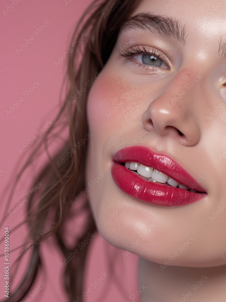 Close-Up Beauty Portrait of Woman with Red Lips on Pink Background Close-Up Beauty Portrait of Woman with Red Lips on Pink Background