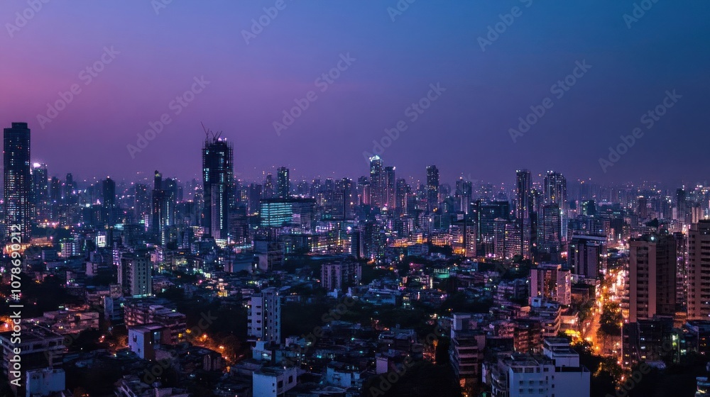 A panoramic view of a city skyline at twilight, with tall buildings and a purple sky. A panoramic view of a city skyline at twilight, with tall buildings and a purple sky.