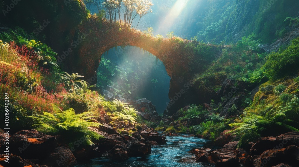 A natural stone archway covered in lush greenery frames a tranquil stream flowing through a dense rainforest. A natural stone archway covered in lush greenery frames a tranquil stream flowing through a dense rainforest.