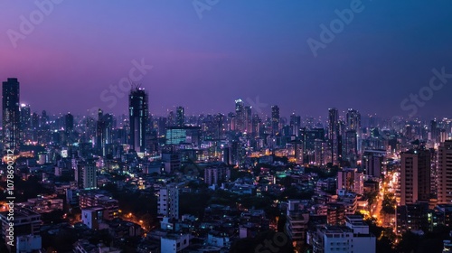 Wallpaper Mural A panoramic view of a city skyline at twilight, with tall buildings and a purple sky. Torontodigital.ca