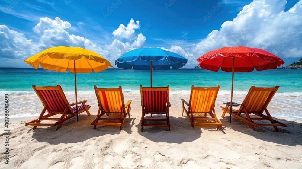 Four colorful beach umbrellas and lounge chairs on a white sand beach. Four colorful beach umbrellas and lounge chairs on a white sand beach.