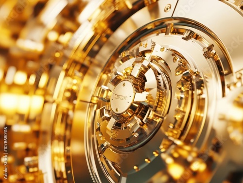 Wallpaper Mural intricate close-up of a bank vault door, featuring golden tones and complex locking mechanisms, symbolizing financial security and the protection of assets in a luxurious setting Torontodigital.ca