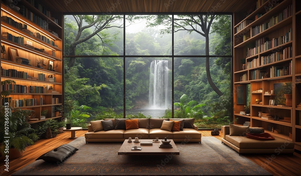 AI generator image of comfortable tree house library,sofa and table with a teacup,books on the floor,large floor ceiling windows, foggy forest outside the window, plants everywhere, wooden interior AI generator image of comfortable tree house library,sofa and table with a teacup,books on the floor,large floor ceiling windows, foggy forest outside the window, plants everywhere, wooden interior
