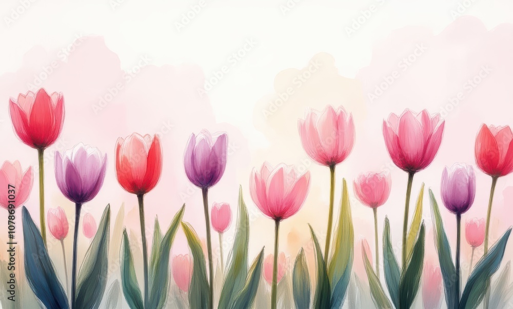Colorful tulips in a serene garden setting Colorful tulips in a serene garden setting