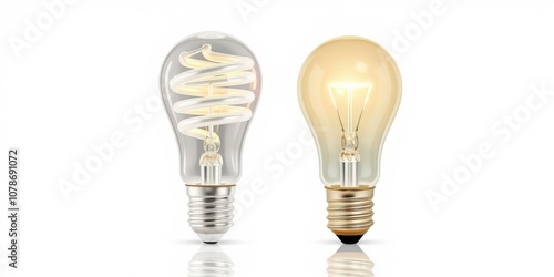 A close-up shot of a regular incandescent lightbulb next to a energy-saving LED lightbulb, both casting reflections on a white surface, contrast, sustainability, efficient