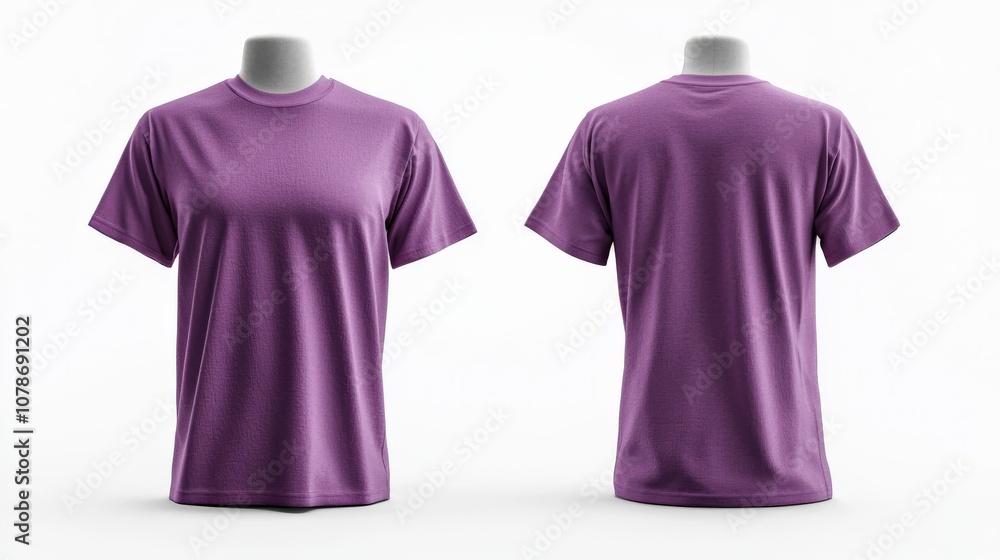 A simple and classic purple t-shirt is visually shown on a stand with front and back perspectives, enhancing its classic design and appeal for all ages. A simple and classic purple t-shirt is visually shown on a stand with front and back perspectives, enhancing its classic design and appeal for all ages.