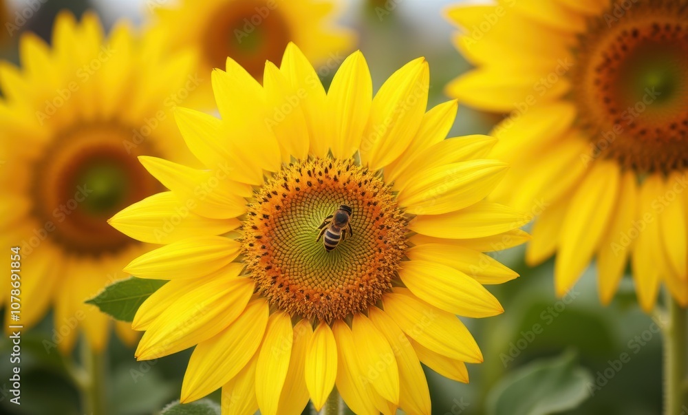 Vibrant sunflowers with a busy bee Vibrant sunflowers with a busy bee