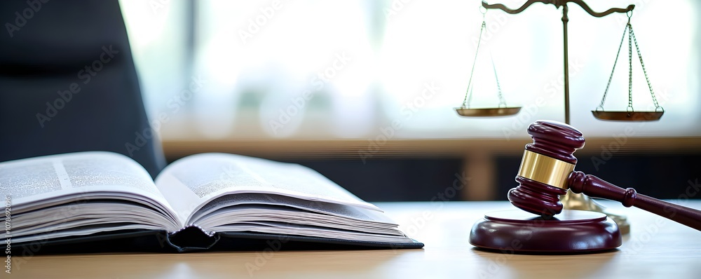 Justice Served A Symbol of Law and Order - An Open Law Book with Gavel and Balance Scale on Judges Desk in Serene Courtroom Setting Justice Served A Symbol of Law and Order - An Open Law Book with Gavel and Balance Scale on Judges Desk in Serene Courtroom Setting