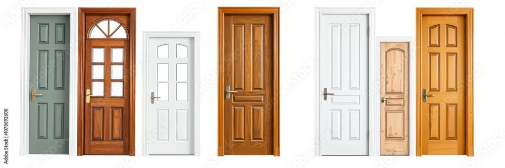 Collection of various white doors with different designs and styles isolated on white background, home, variety, doors Collection of various white doors with different designs and styles isolated on white background, home, variety, doors