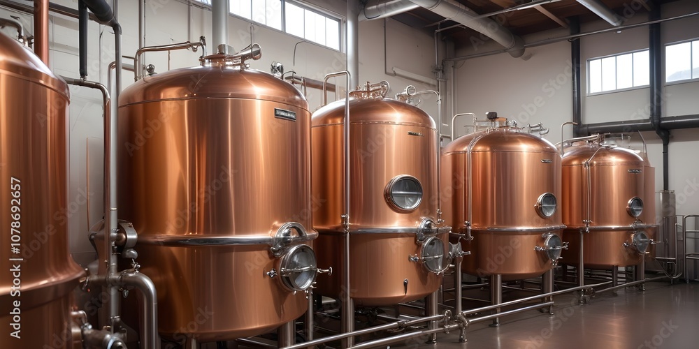 Copper brewing tanks in a brewery, with a focus on the shiny, metallic surfaces Copper brewing tanks in a brewery, with a focus on the shiny, metallic surfaces