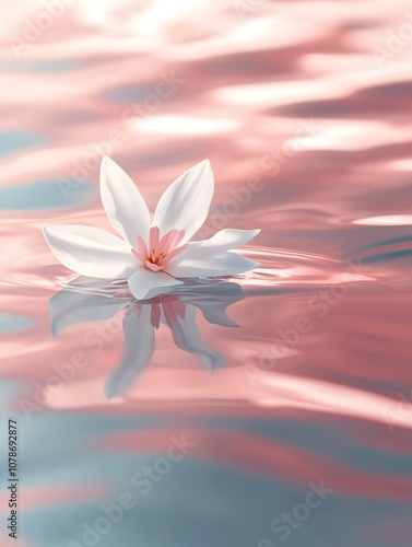 A single white flower floats on a shimmering, pink and blue water surface.